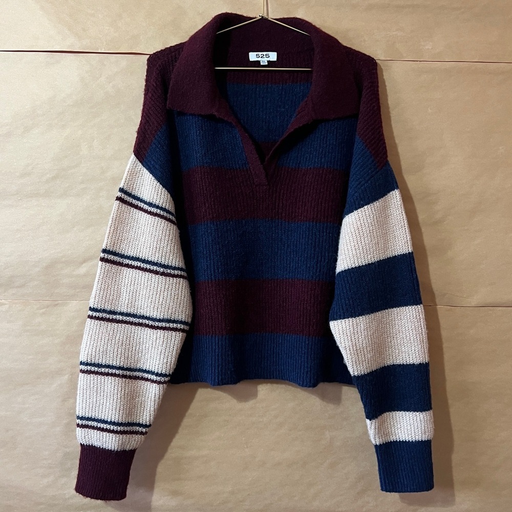 Anthropologie 525 Rugby Polo V-Neck Collared Sweater Pullover Stripe Size XL Pet